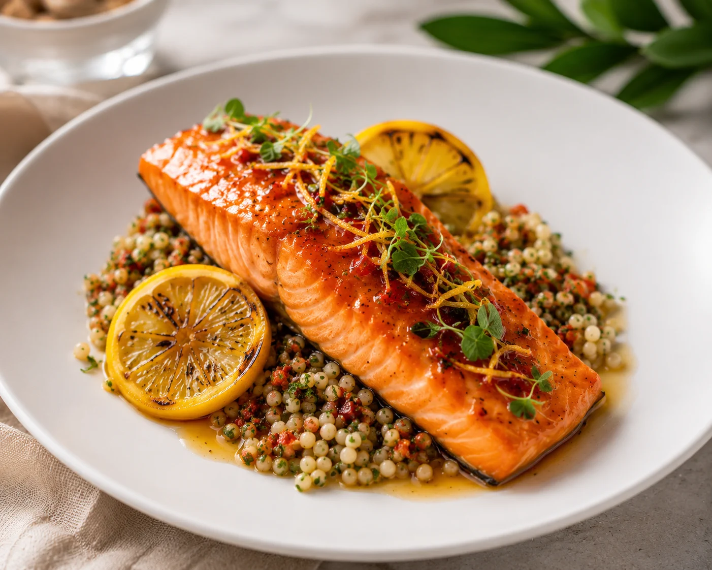Citrus-glazed salmon fillet plated over herbed couscous