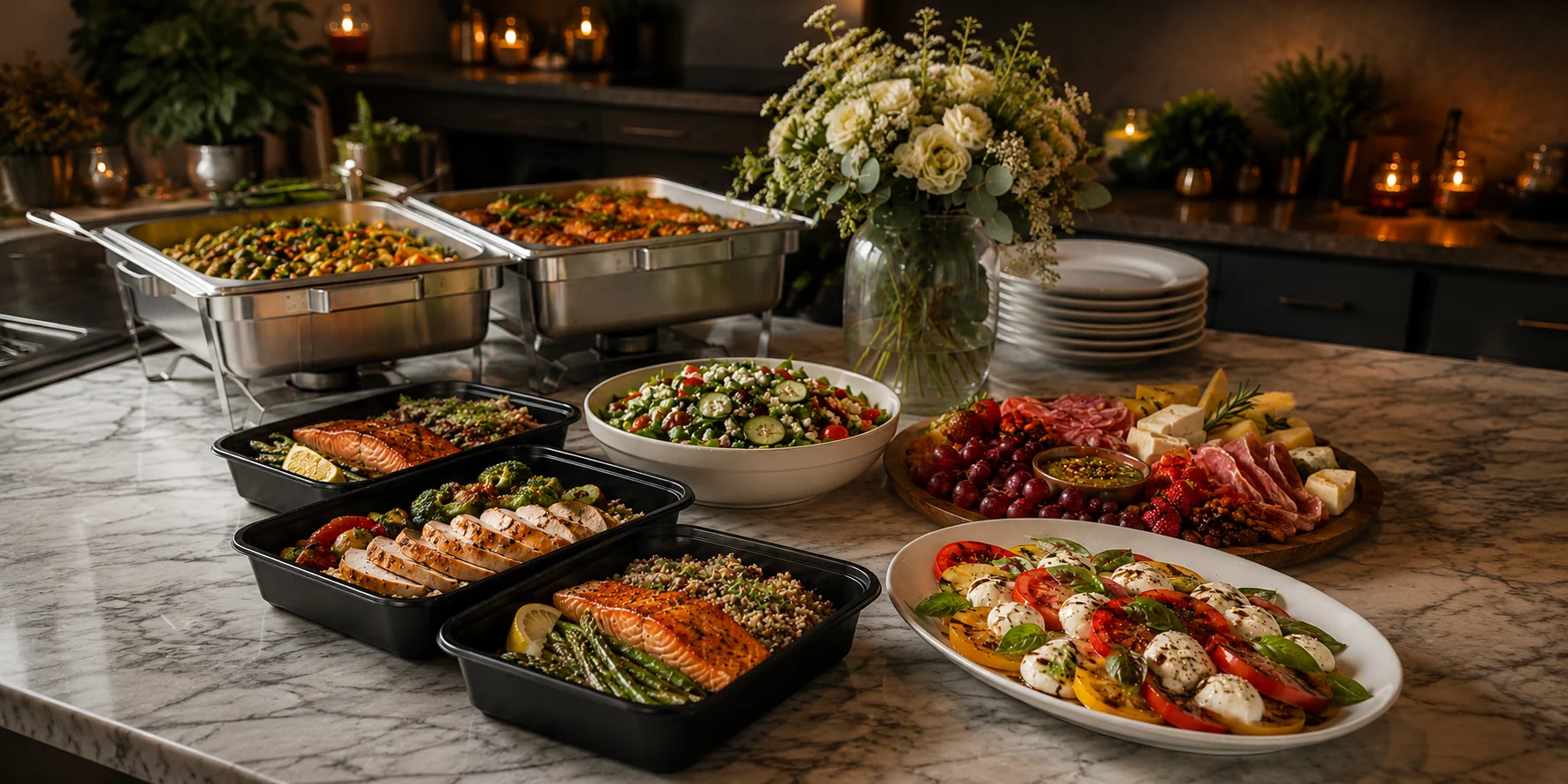 Mad Chef catering buffet spread with chafing dishes and platters