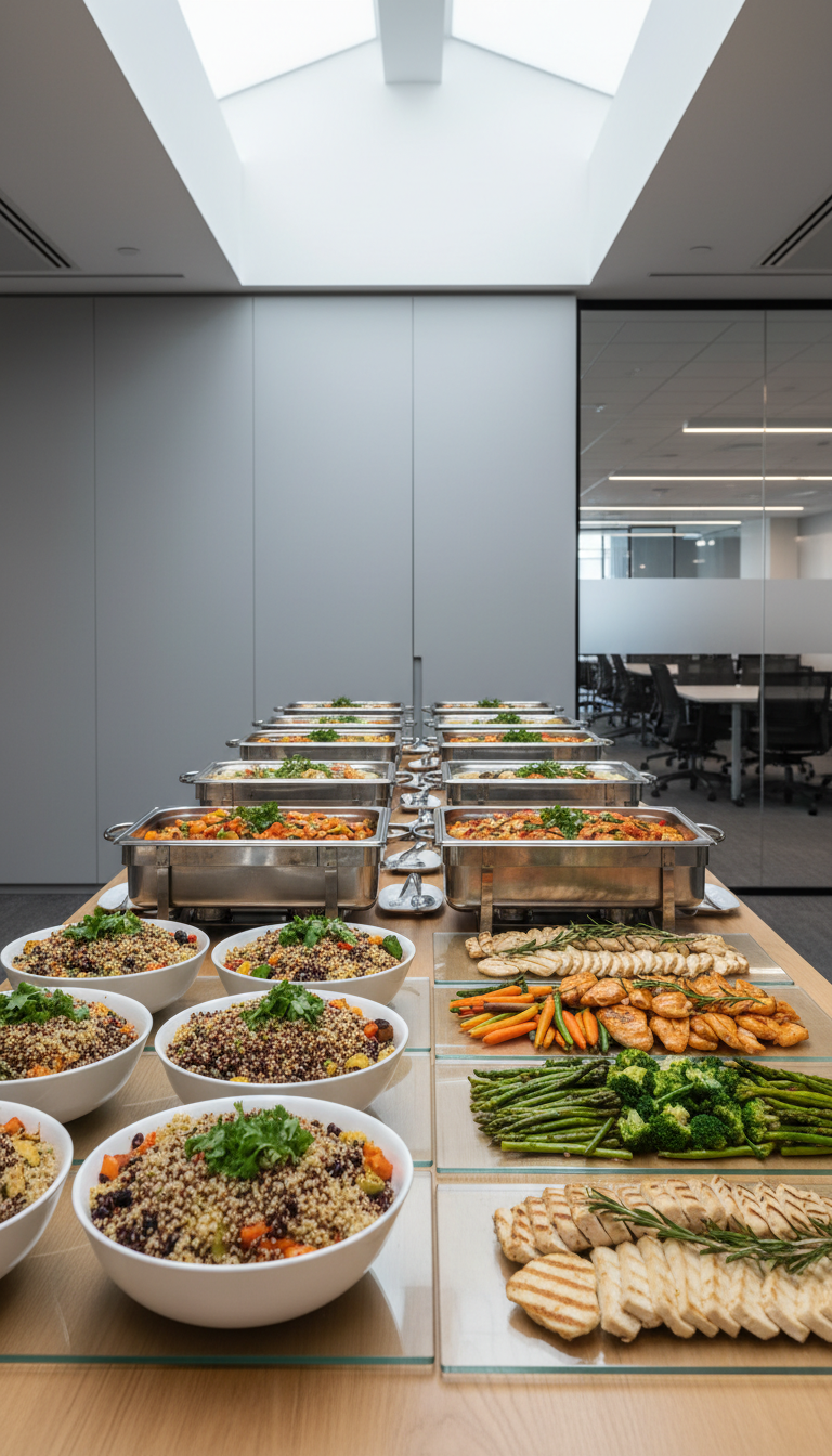An artfully styled corporate lunch buffet, featuring stainless steel chafing dishes and clear acrylic platters filled with a spectrum of healthy grain bowls, steamed vegetables, and lean proteins, all meticulously garnished with fresh herbs. The buffet is set against a backdrop of smooth, light-gray wall panels and uncluttered glass partitions in a modern office meeting space. Overhead, soft diffused daylight from skylights creates even illumination, enhancing natural colors and subtle reflectivity on the buffet equipment. The mood is sleek and efficient, instilling a sense of professionalism and care. Captured at eye-level with balanced, symmetrical framing, the entire spread is in sharp focus, underlining both quality and quantity. This photographic image maintains a clean, structured, and neutral-toned look appropriate for a high-standard business catering service.