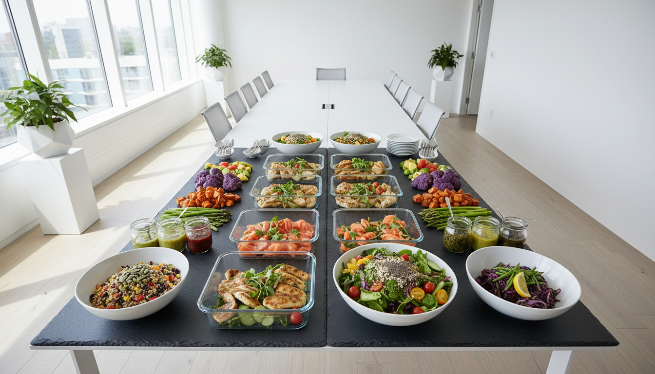 A meticulously arranged spread of health-conscious catering dishes showcased on a matte slate serving table, featuring vibrant seasonal vegetables, grilled lean proteins in pristine glass containers, and elegant white ceramic bowls of colorful salads with nut and seed toppings. The setting is within a bright, minimalist corporate conference room, featuring clean lines and subtle touches of greenery in modern planters. Soft natural daylight streams in from a large window, creating gentle highlights and balanced shadows across the arrangements. The atmosphere is professional and inviting, exuding freshness and attention to detail. Photographed from a slightly elevated angle with sharp focus throughout, the composition is structured and organized, emphasizing a sense of abundance and order. The image embodies photographic realism, with a clean, modern, and neutral tone aesthetic, reinforcing the business’s healthy, accessible catering ethos.