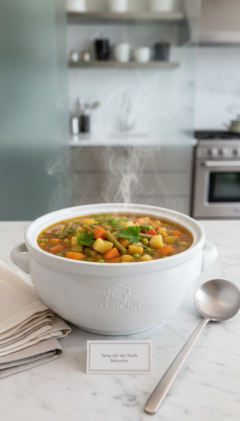 A clean white ceramic soup tureen with a subtle embossed logo of MadChef, filled with steaming, hearty vegetable soup brimming with vibrant root vegetables and fresh herbs. The tureen is set atop a pristine marble countertop, with folded neutral-toned linen napkins and an understated stainless steel ladle resting nearby. The background features a frosted glass backdrop suggestive of a modern, structured kitchen space. Gentle diffuse artificial lighting from above creates a soft, inviting glow with subtle highlights on the tureen’s rim and gentle shadows underneath. The mood is warm and comforting, perfect for the “Soup for the Souls” initiative. Photographed at a slightly angled close-up, the composition uses the rule of thirds to highlight both the tureen and surrounding elements. The style remains photographic and clean, with a corporate, yet compassionate tone.