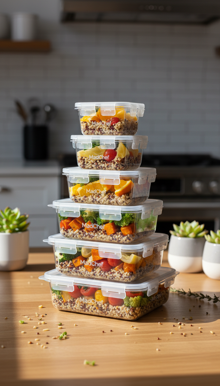 A minimalist, elegantly stacked display of recyclable meal prep containers with subtle MadChef branding, featuring layers of wholesome grains, roasted vegetables, and a pop of vibrant citrus slices, all arranged on a smooth light oak table surface. The background is a softly blurred open-plan kitchenette with metallic accents and succulents in matte ceramic planters, emphasizing eco-friendly modernity. Bright, directional morning light enters from the left, casting gentle shadows and crisp highlights on container lids, accentuating clean lines. The mood is fresh, responsible, and efficient. The composition uses a centered perspective and shallow depth of field to draw focus to the containers’ details. The aesthetic is photographic, clean, and corporate with an emphasis on sustainability, aligning with the site’s commitment to healthy and organized catering solutions.