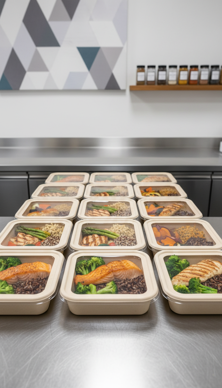 A neat arrangement of gourmet boxed meals, each with a windowed lid showcasing artfully layered ingredients like roasted salmon, steamed broccoli, and wild rice, lined up on a brushed stainless steel serving station. In the background, a series of muted, geometric wall art and a tidy shelf of spice jars reinforce a professional kitchen setting. Soft, white ambient lighting is evenly distributed to minimize shadows and allow every detail of the meal to stand out crisply. The scene embodies an atmosphere of assurance, efficiency, and well-ordered service. Captured straight-on with an expansive, balanced frame, the structured layout underlines reliability and trust in business catering. The image is realistic, modern, and neutral-toned, seamlessly fitting within the clean, structured identity of MadChef.